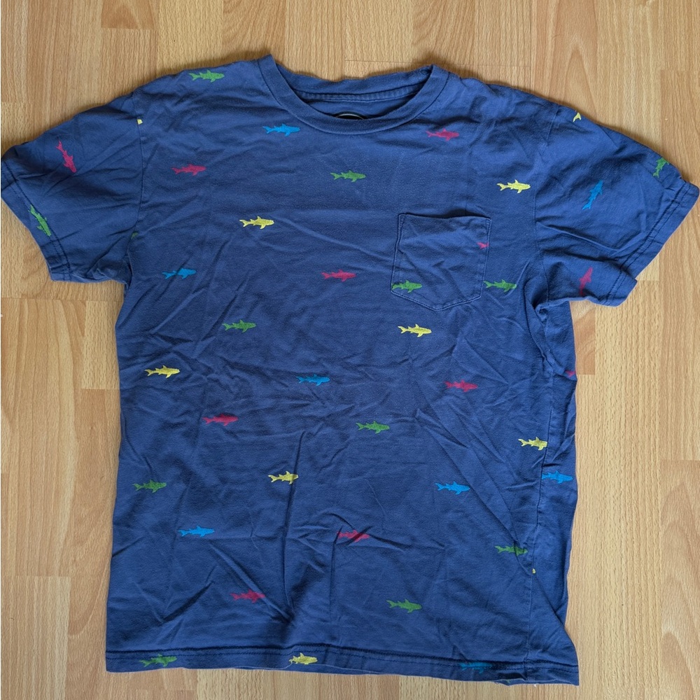 Maui and Sons Blue Tee with Colorful Shark Pattern